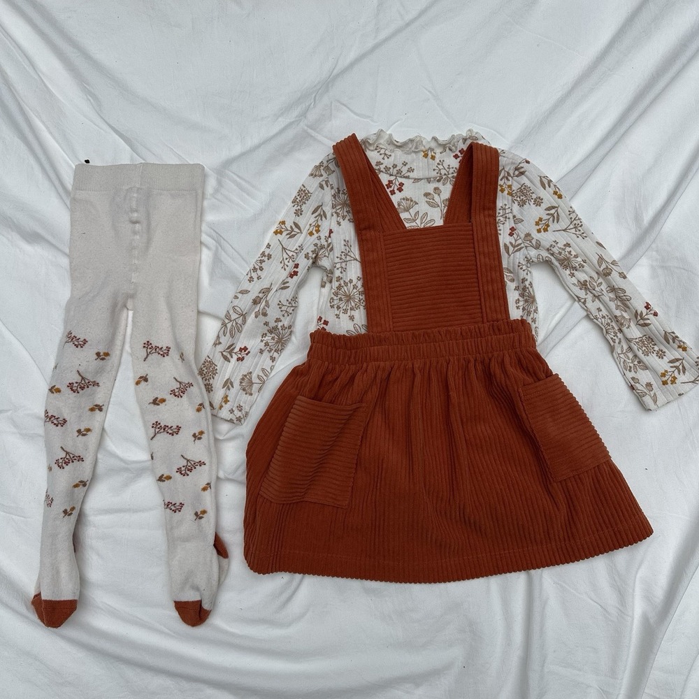 Wonder Nation Toddler Girl Velvet Pinafore Top and Tights 3-Piece Outfit Sz 18Mo
